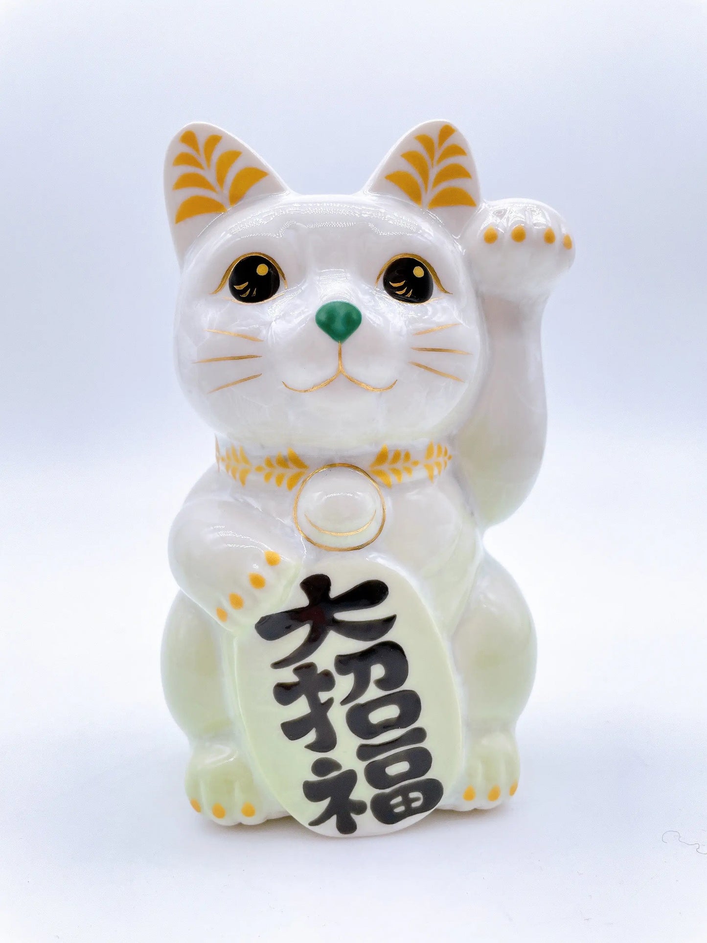 日本清水烧招财猫 花结晶 白绿 大招福