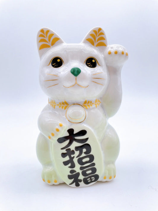 日本清水燒招財貓 花結晶 白綠 大招福