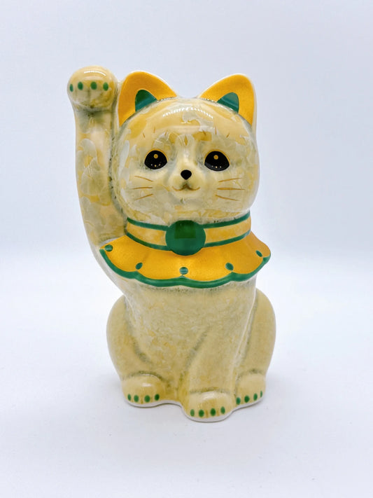 日本清水燒招財貓 花結晶 金花 前掛
