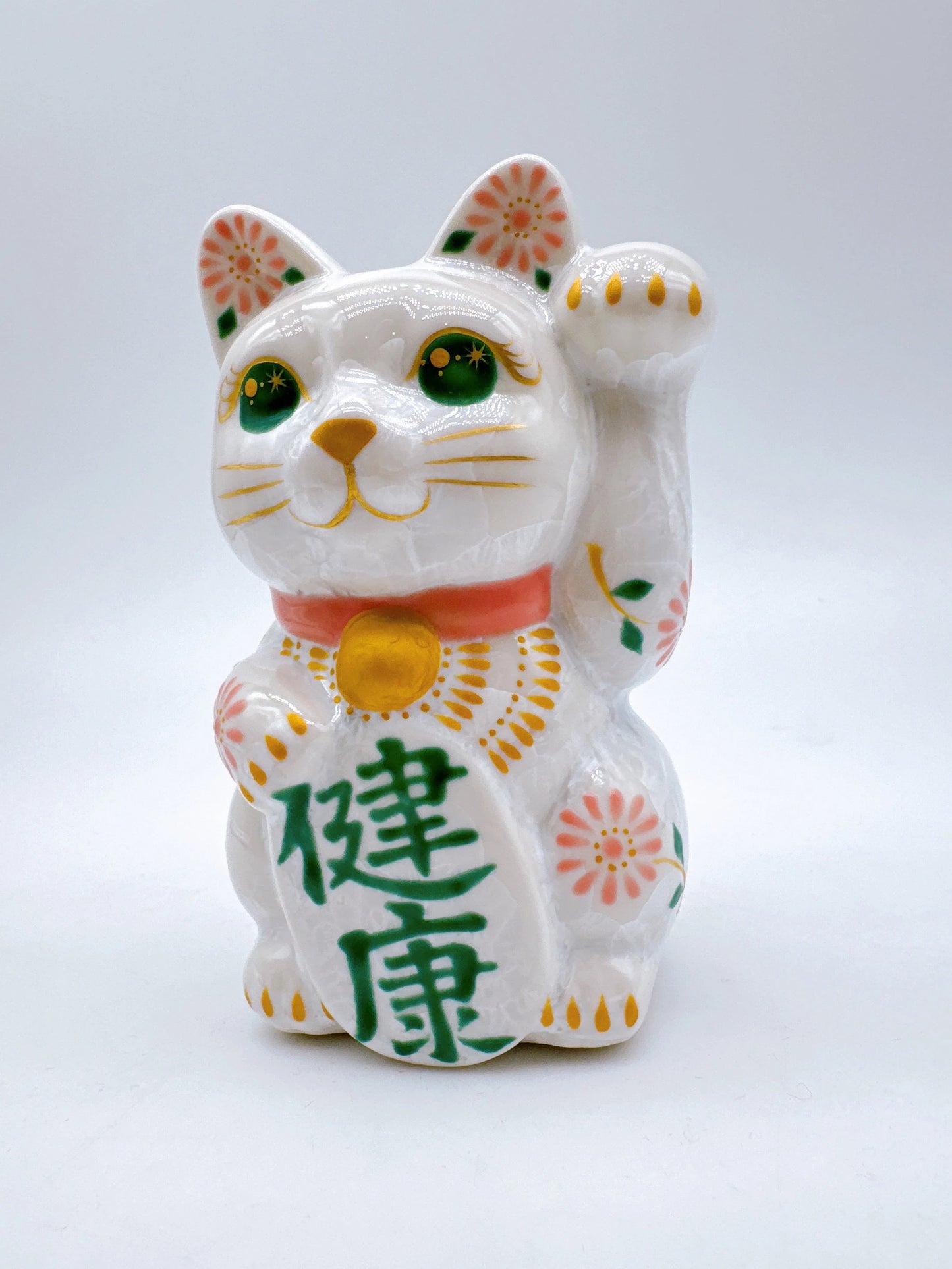 日本清水燒招財貓 花結晶 白櫻 健康 右