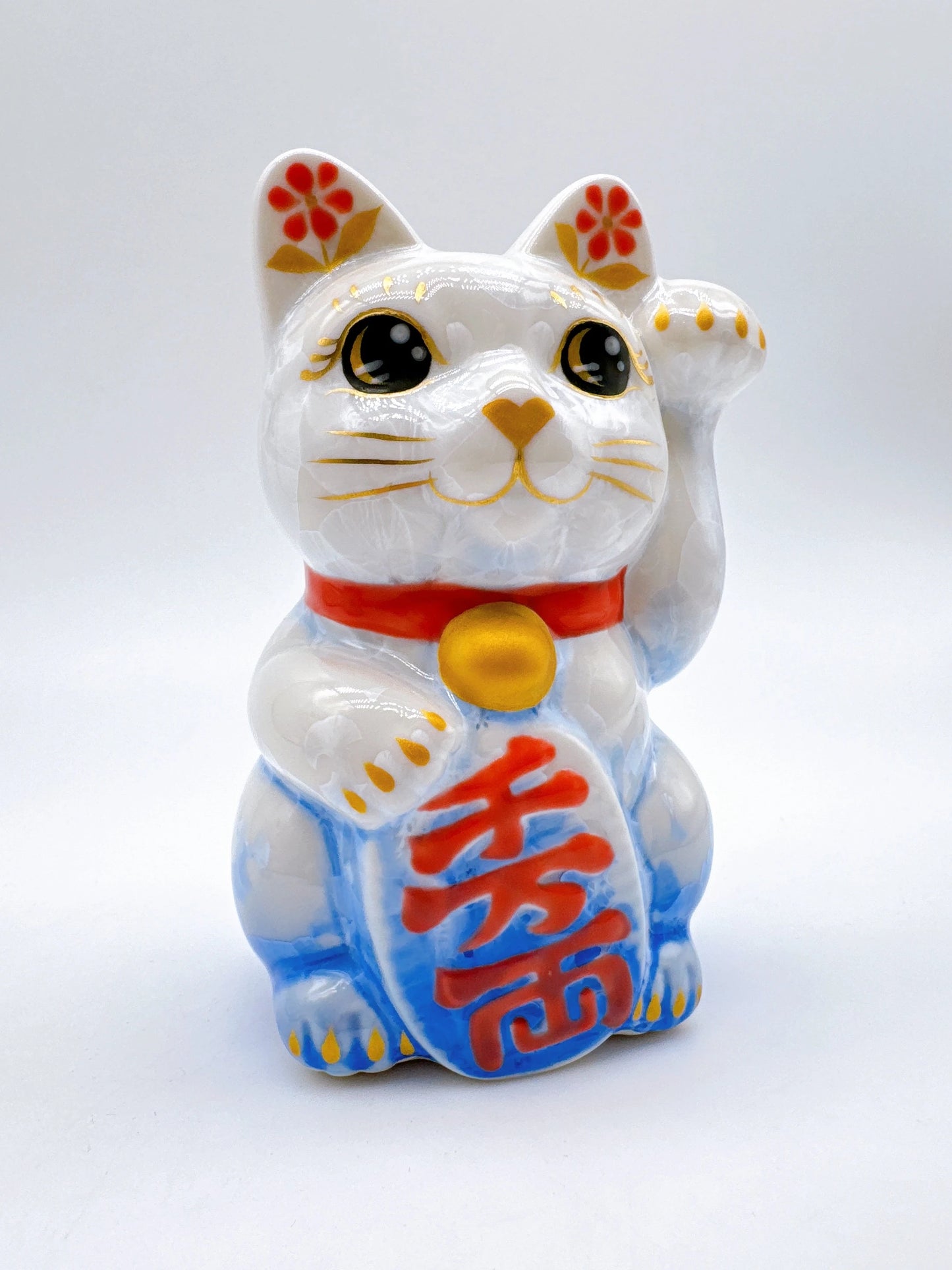 日本清水燒招財貓 花結晶 青白 千万両 左