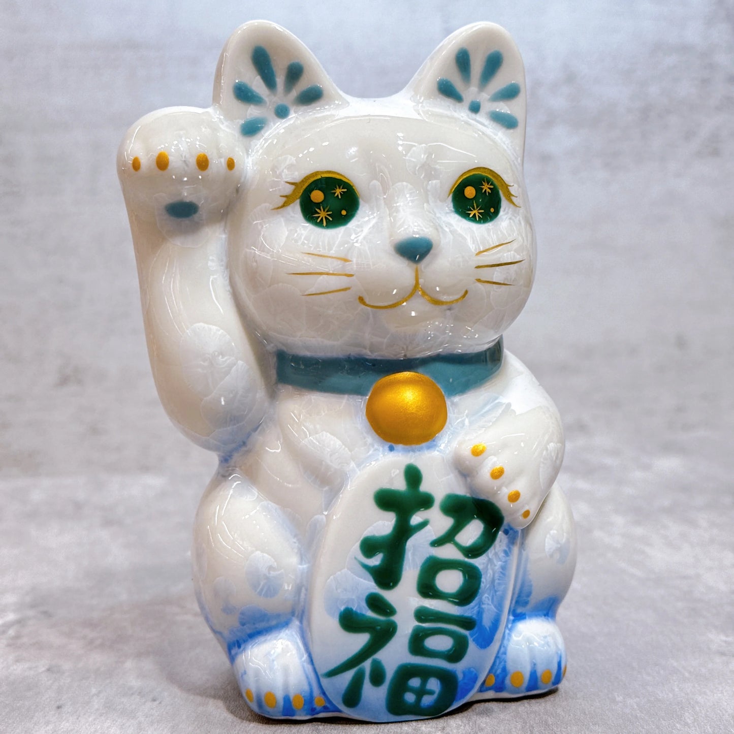 日本清水燒招財貓 花結晶 青白 招福 右