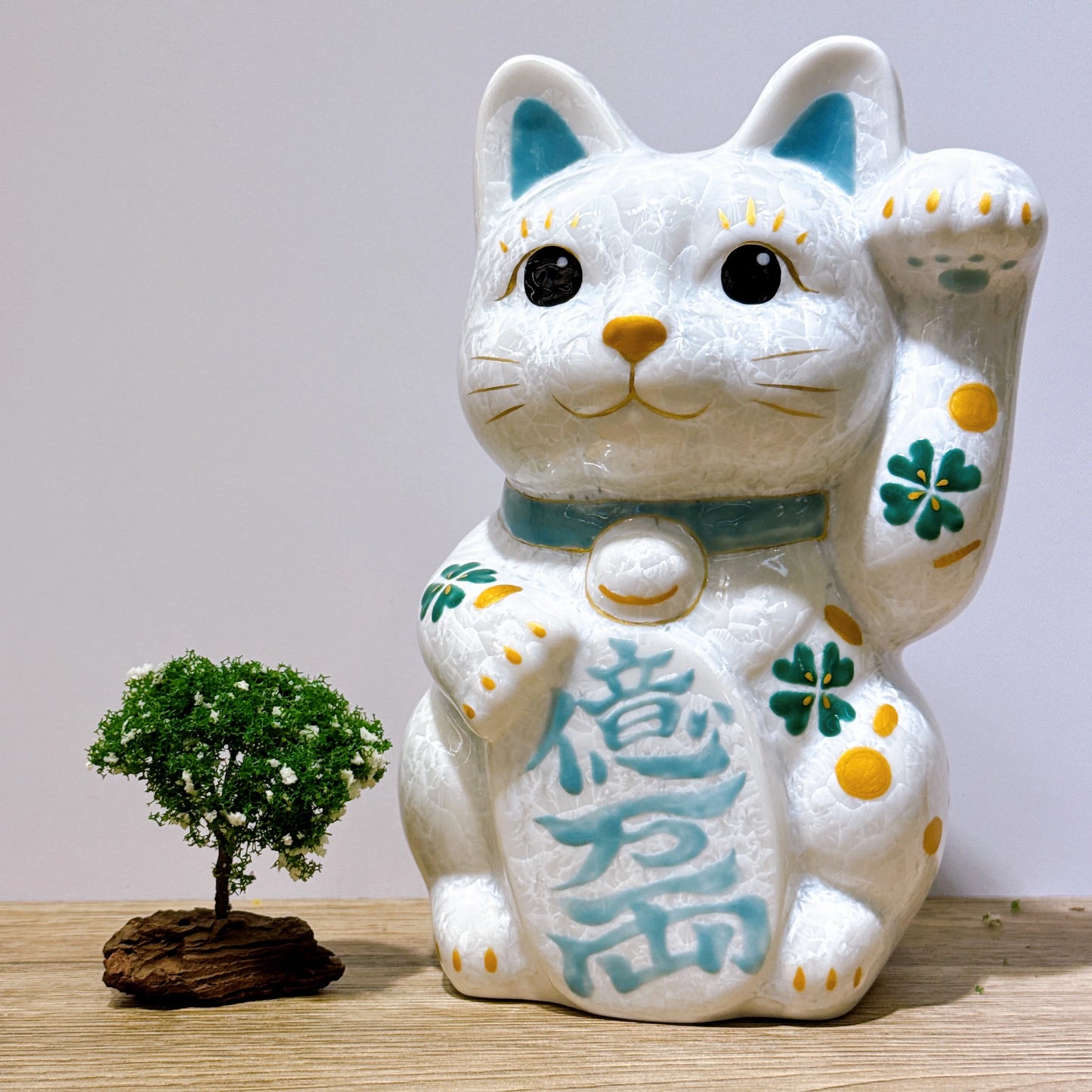 日本清水燒招財貓 花結晶 白 億万両 特大 左