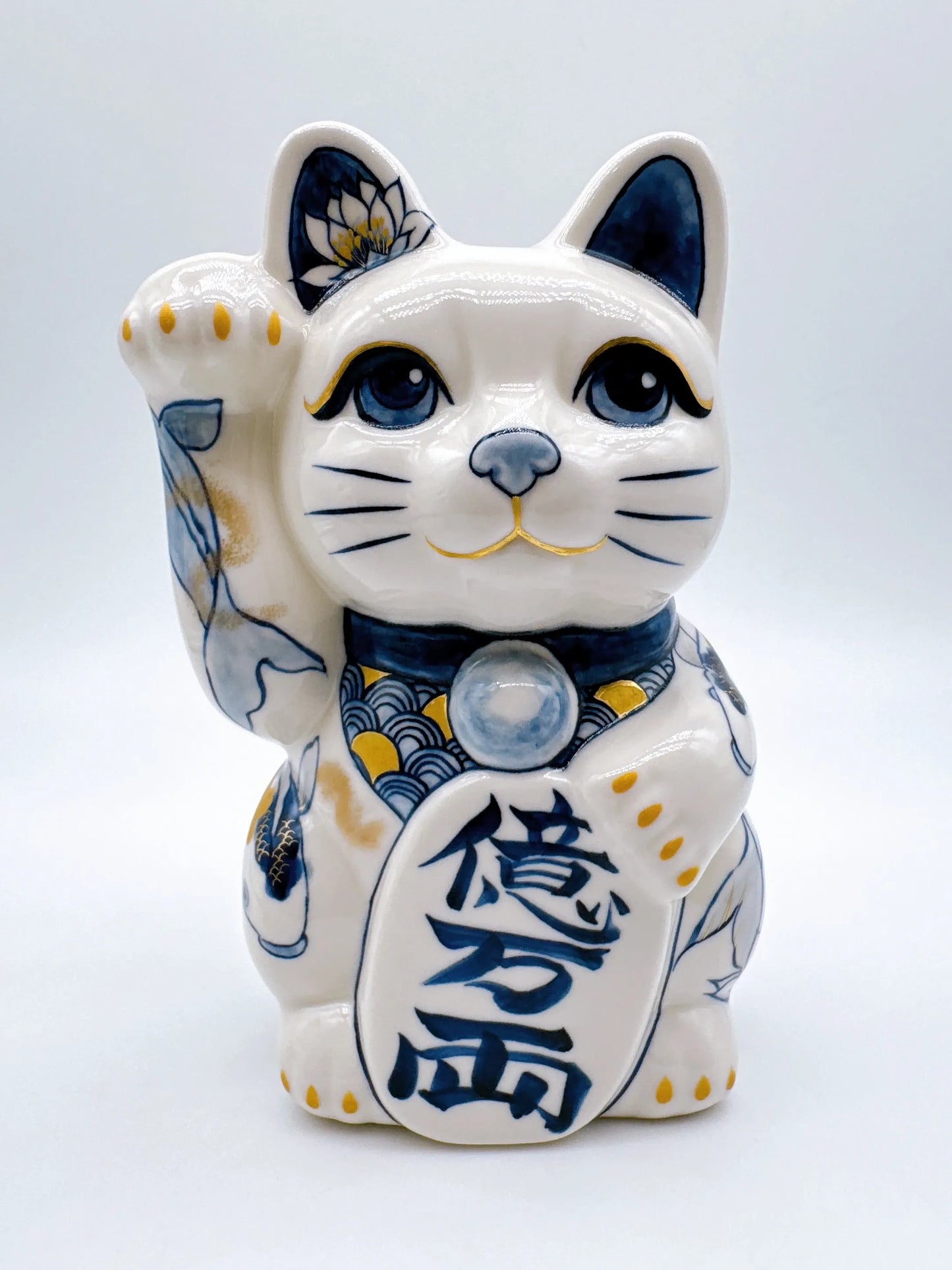 日本清水燒招財貓 染付 金彩鯉 特大