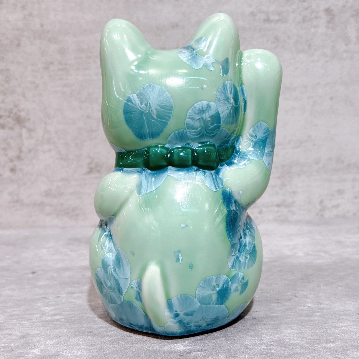日本清水燒招財貓 花結晶 綠 健康 左