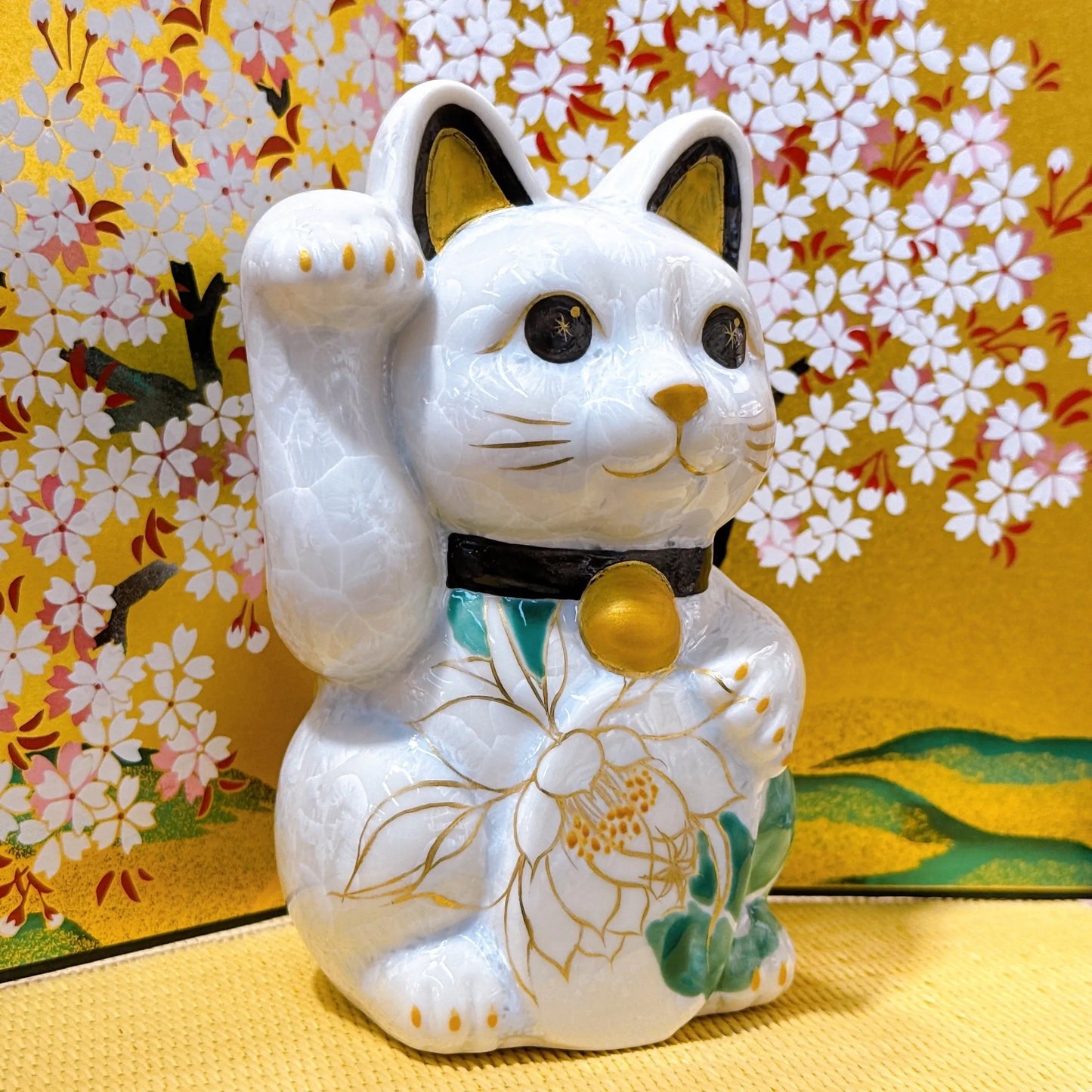 日本清水燒招財貓 花結晶 白 千万両 体花 右