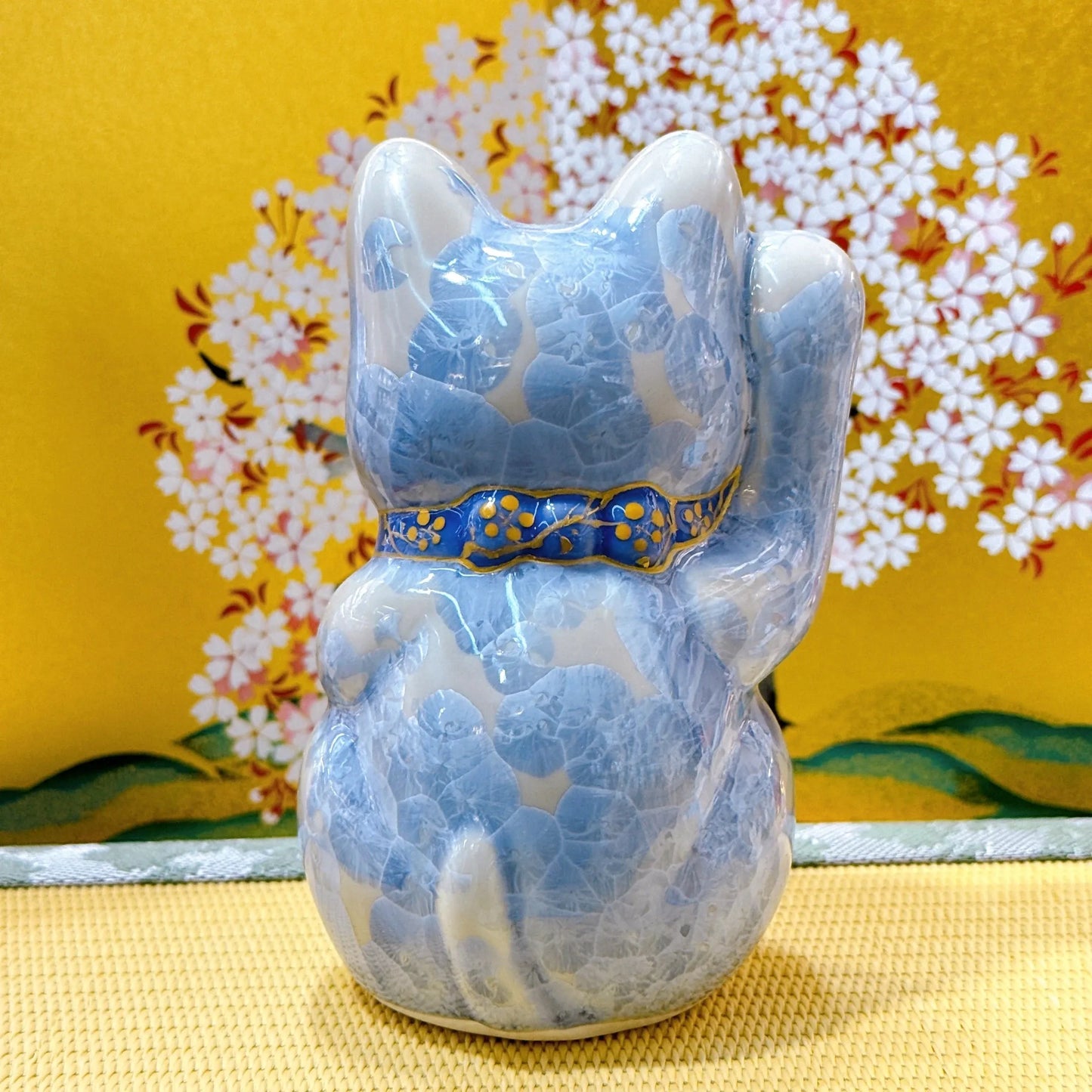 日本清水燒招財貓 花結晶 銀藤 開運 右