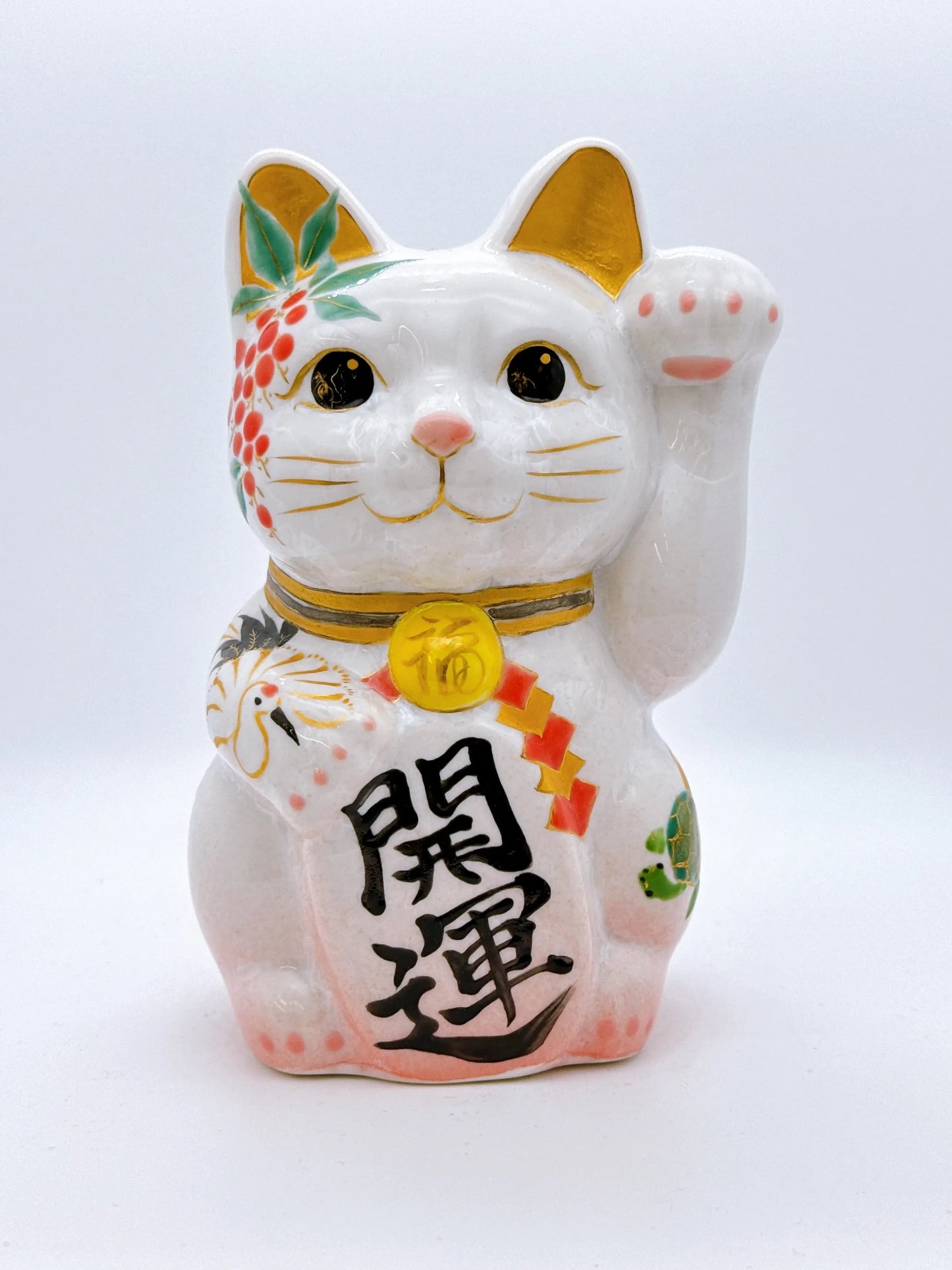 日本清水燒招財貓 花結晶 桃白 福鶴 中號