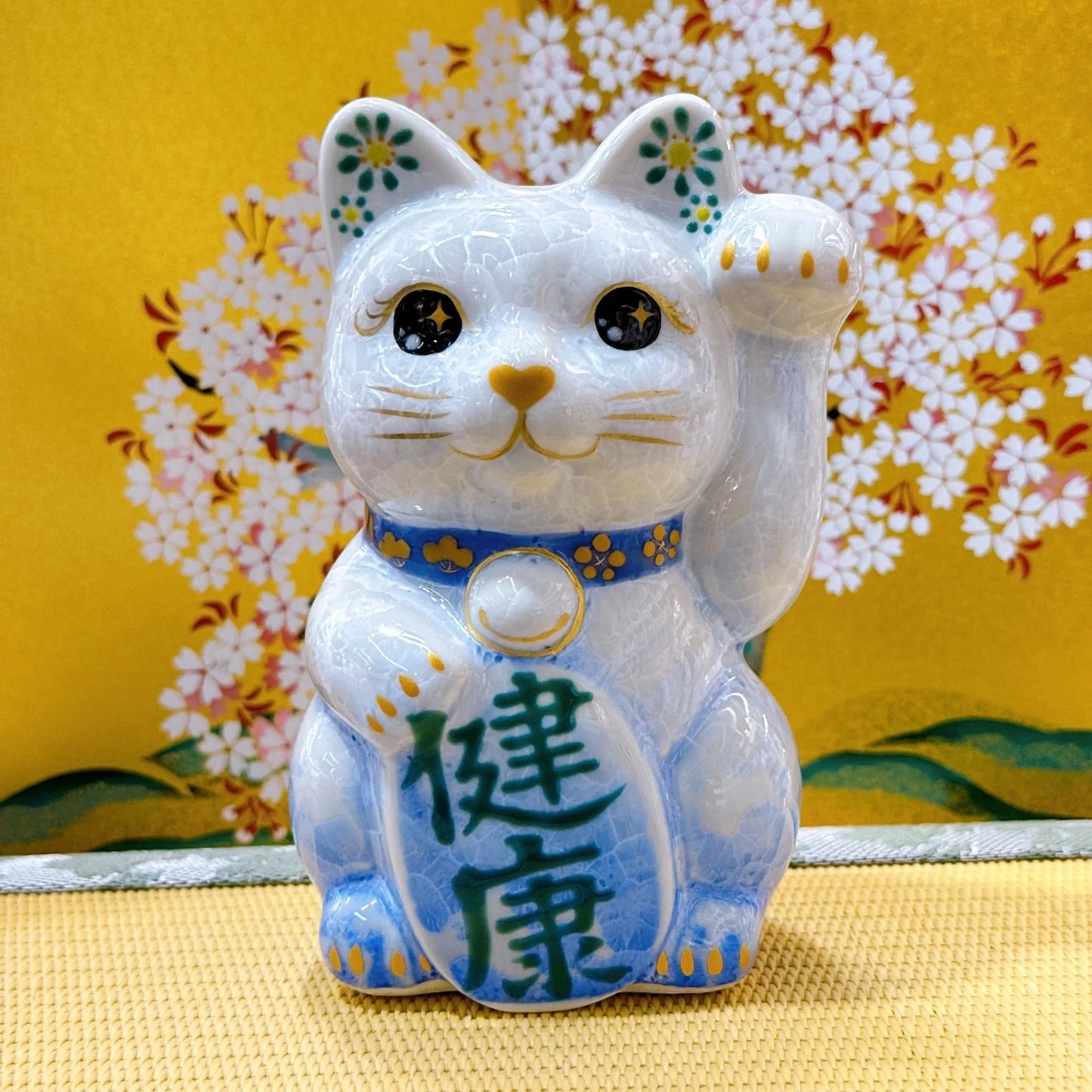 日本清水燒招財貓 花結晶 青白 健康 左