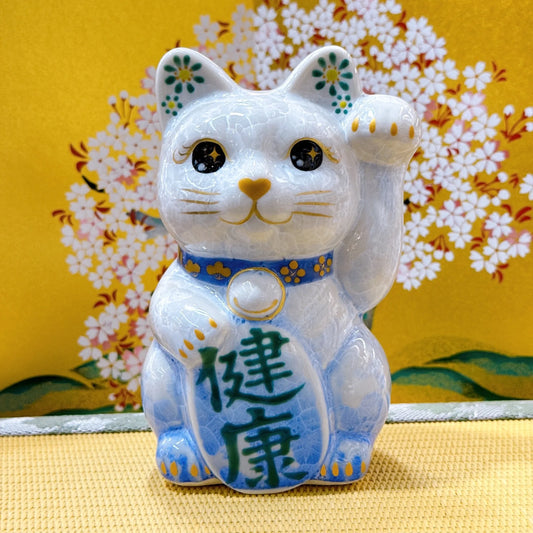 日本清水燒招財貓 花結晶 青白 健康 左