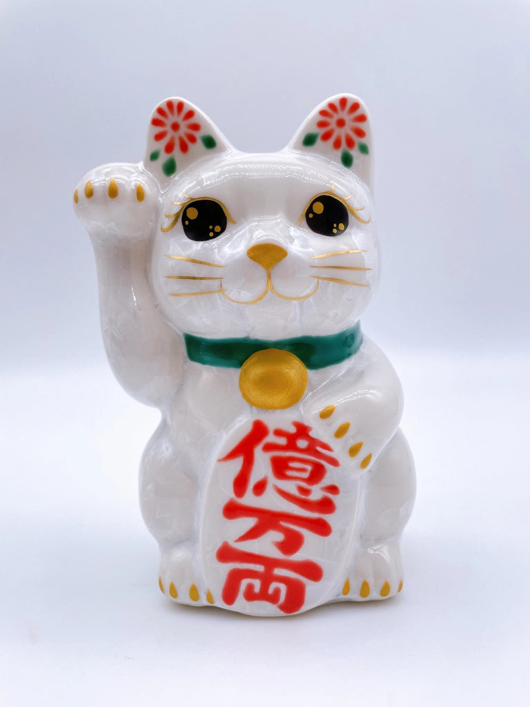 日本清水烧招财猫 花结晶 白 亿万两 右