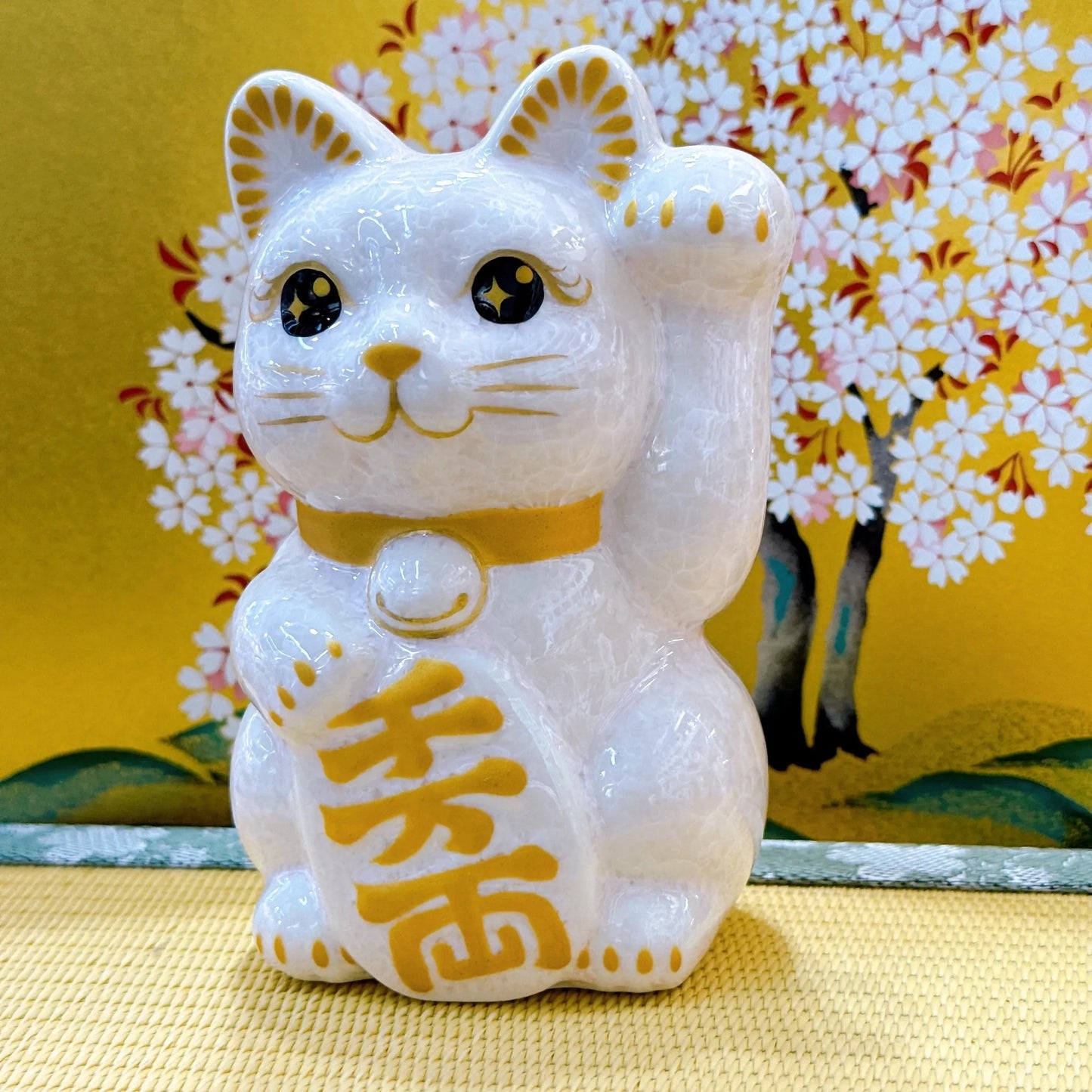 日本清水燒招財貓 花結晶 桃 千万両 左