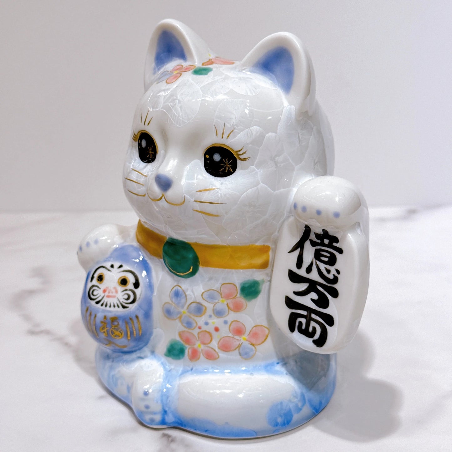 日本清水燒招財貓 達摩 花結晶 青白 体花