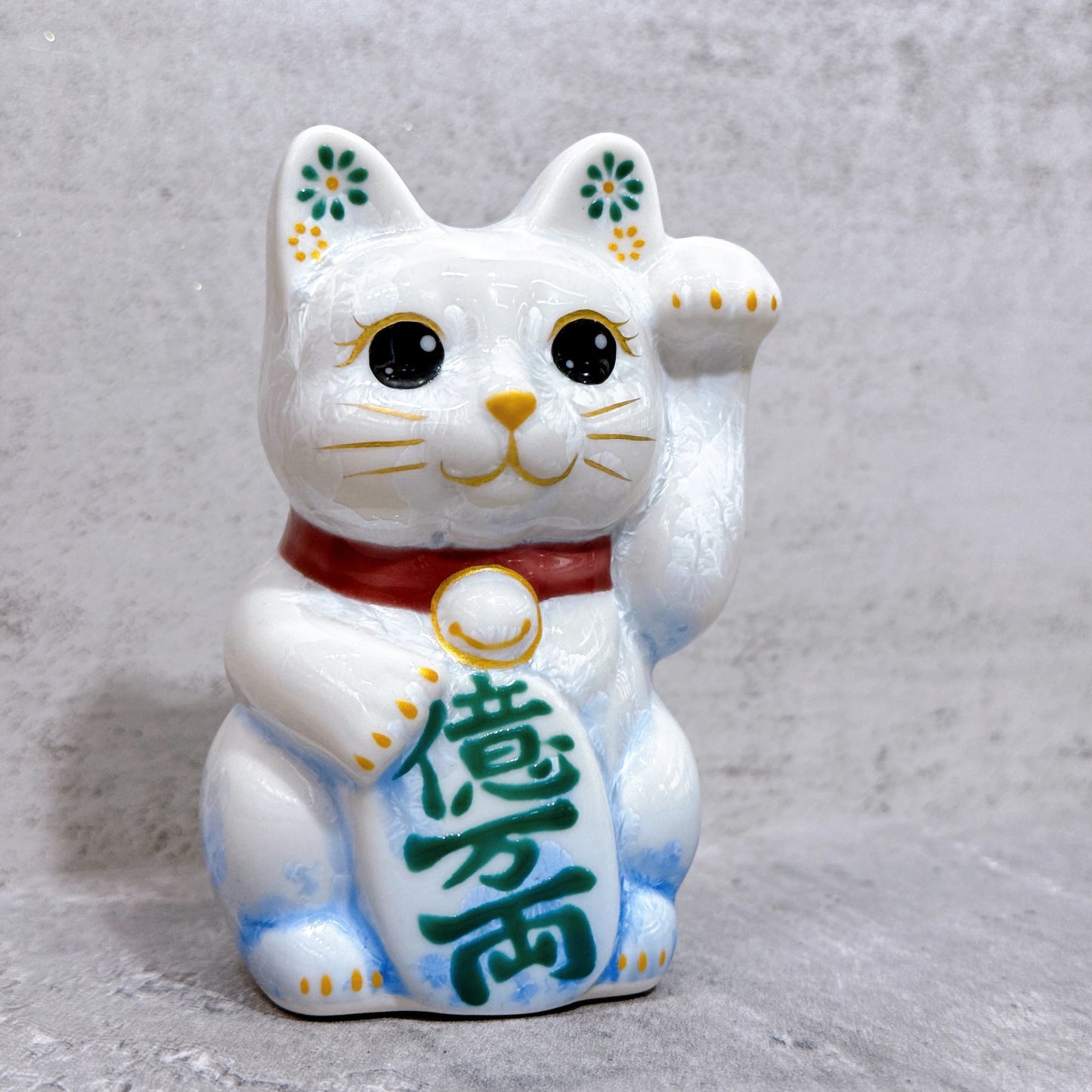 日本清水燒招財貓 花結晶 青白 億万両 左 特小