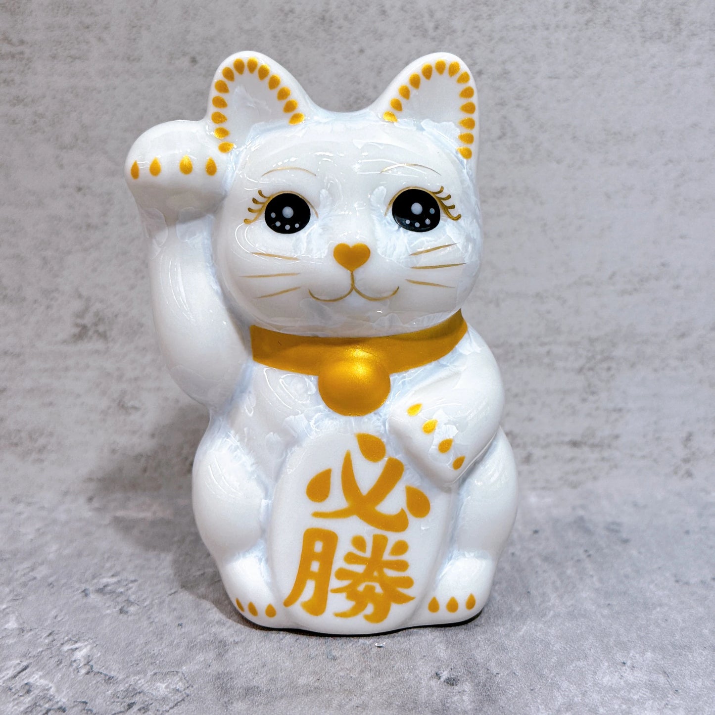 日本清水燒招財貓 花結晶 白 必勝 右 特小