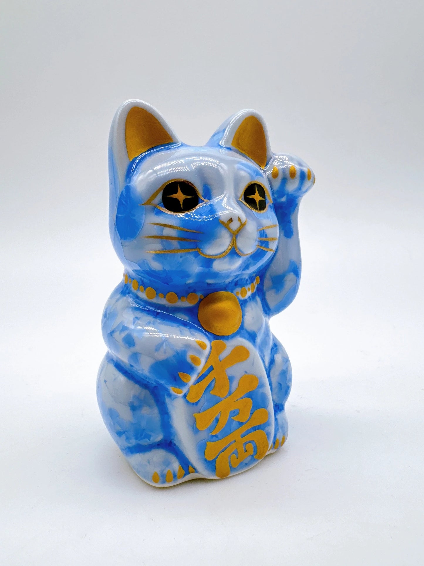 日本清水燒招財貓 花結晶 青 千万両 左 特小