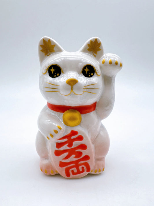 日本清水燒招財貓 花結晶 桃白 千万両 左