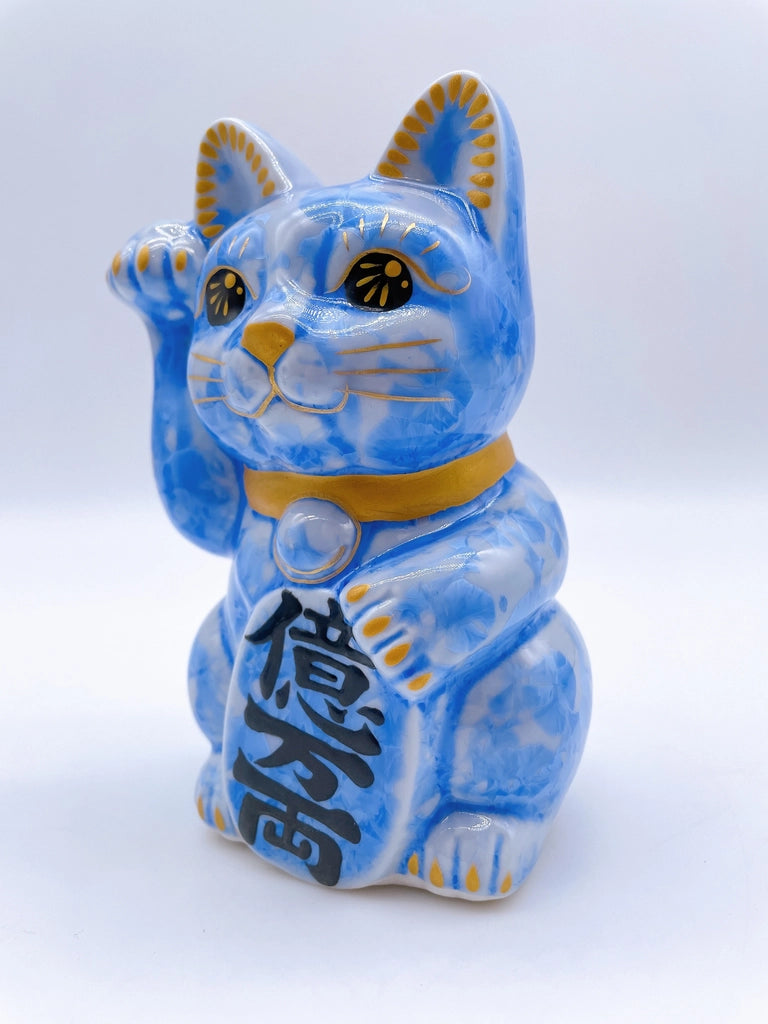 日本清水烧招财猫 花结晶 青 亿万两 右