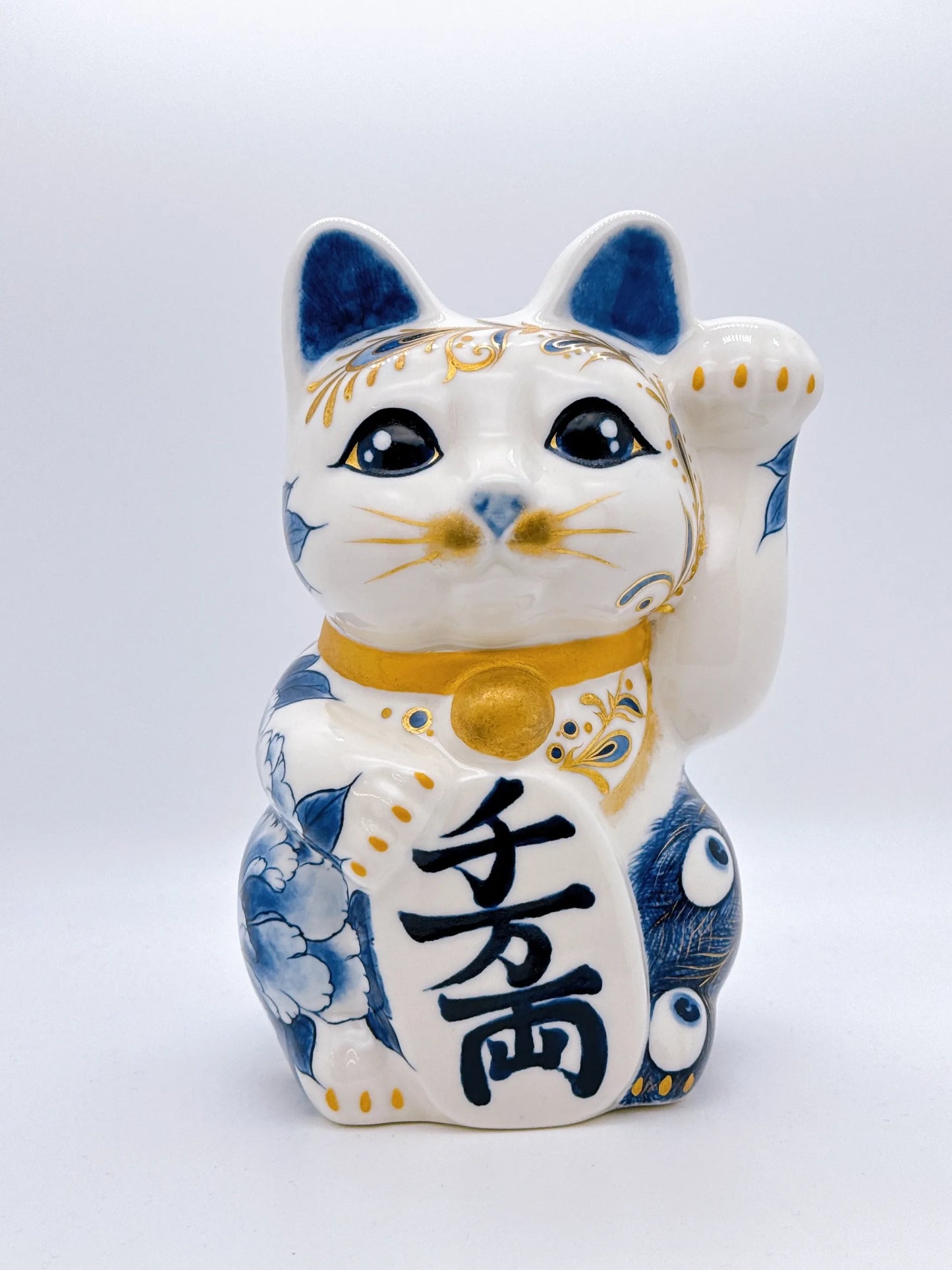日本清水燒招財貓 染付 金彩 孔雀牡丹圖 特大