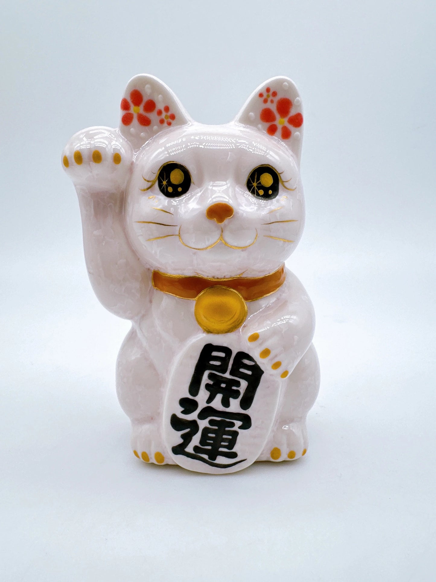 日本清水燒招財貓 花結晶 桃 開運 右