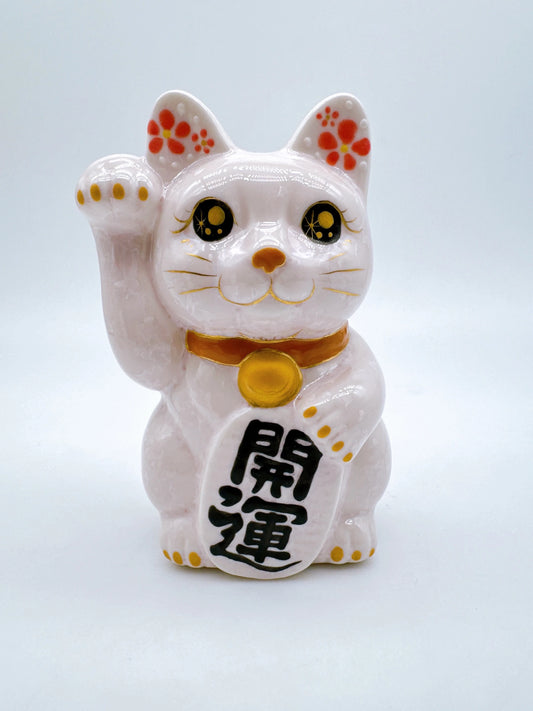 日本清水燒招財貓 花結晶 桃 開運 右