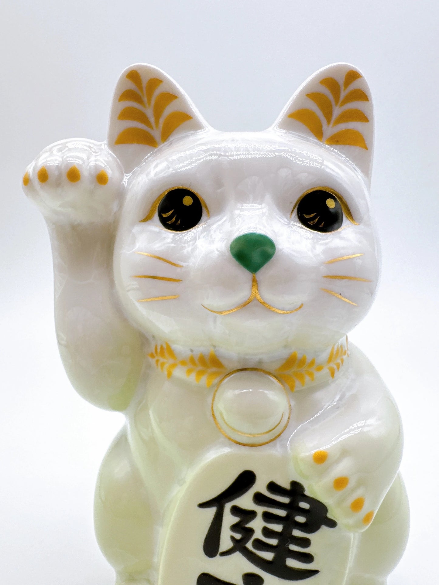 日本清水烧招财猫 花结晶 白绿 健康