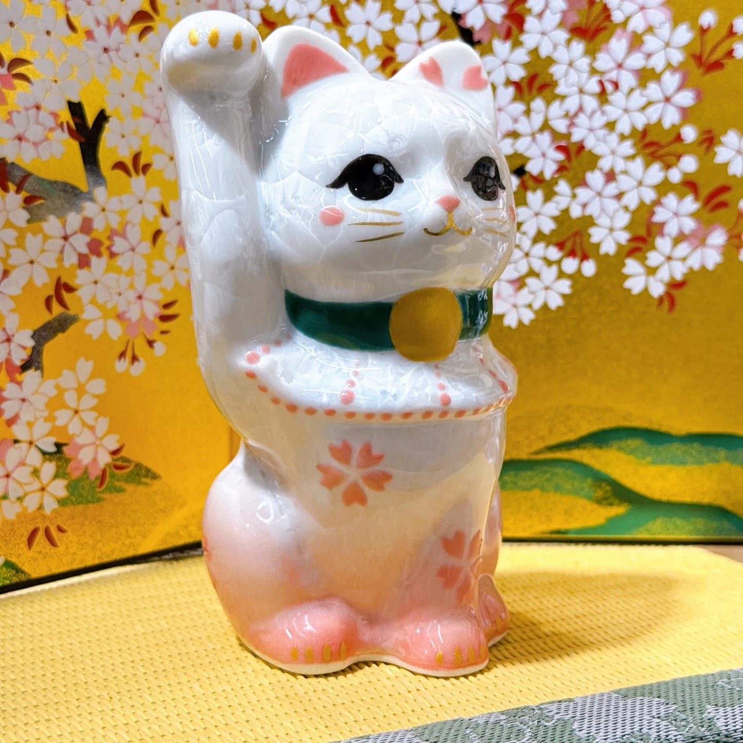 日本清水烧招财猫 花结晶 桃白 开运招福