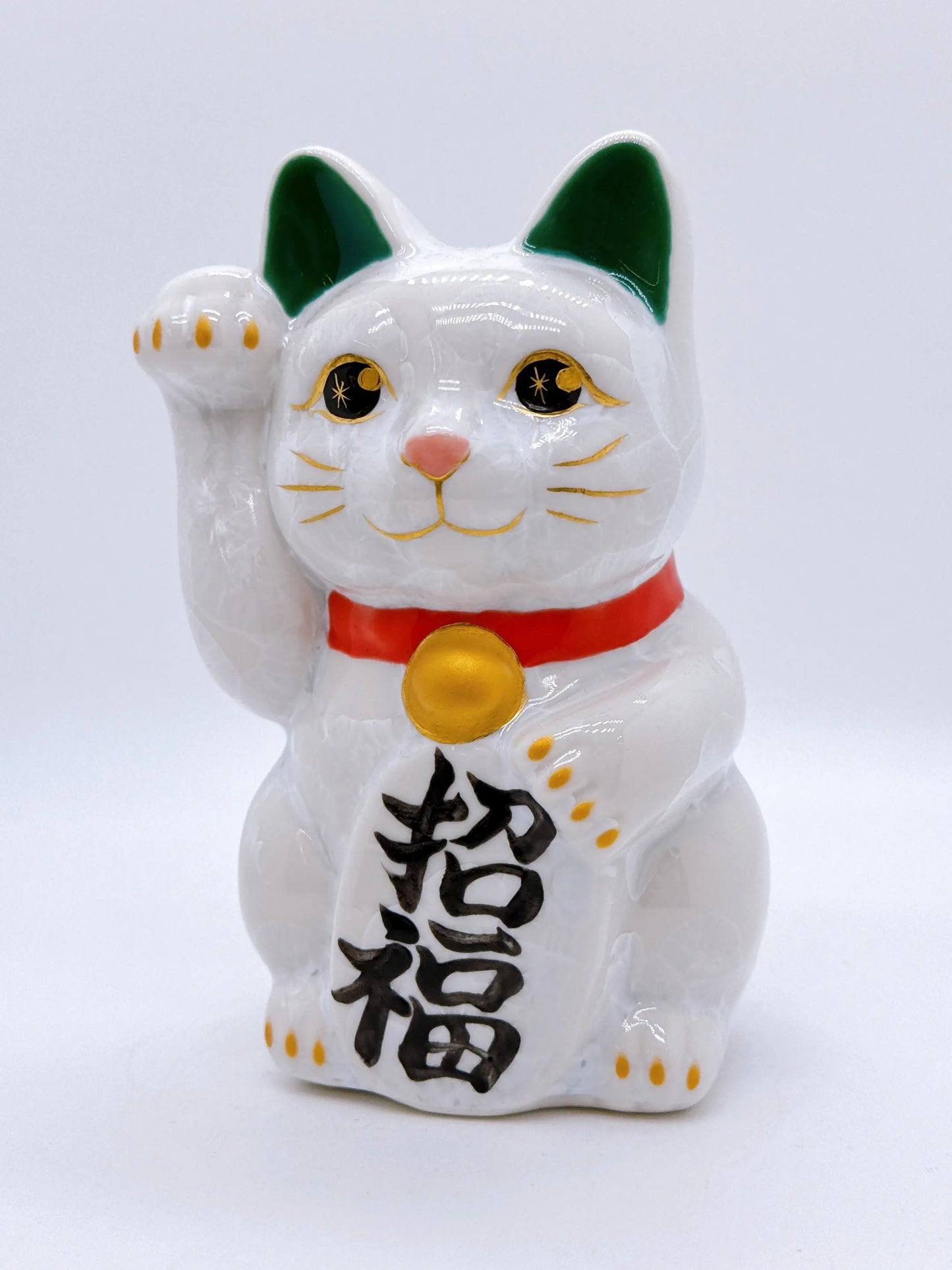 日本清水燒招財貓 花結晶 白 招福