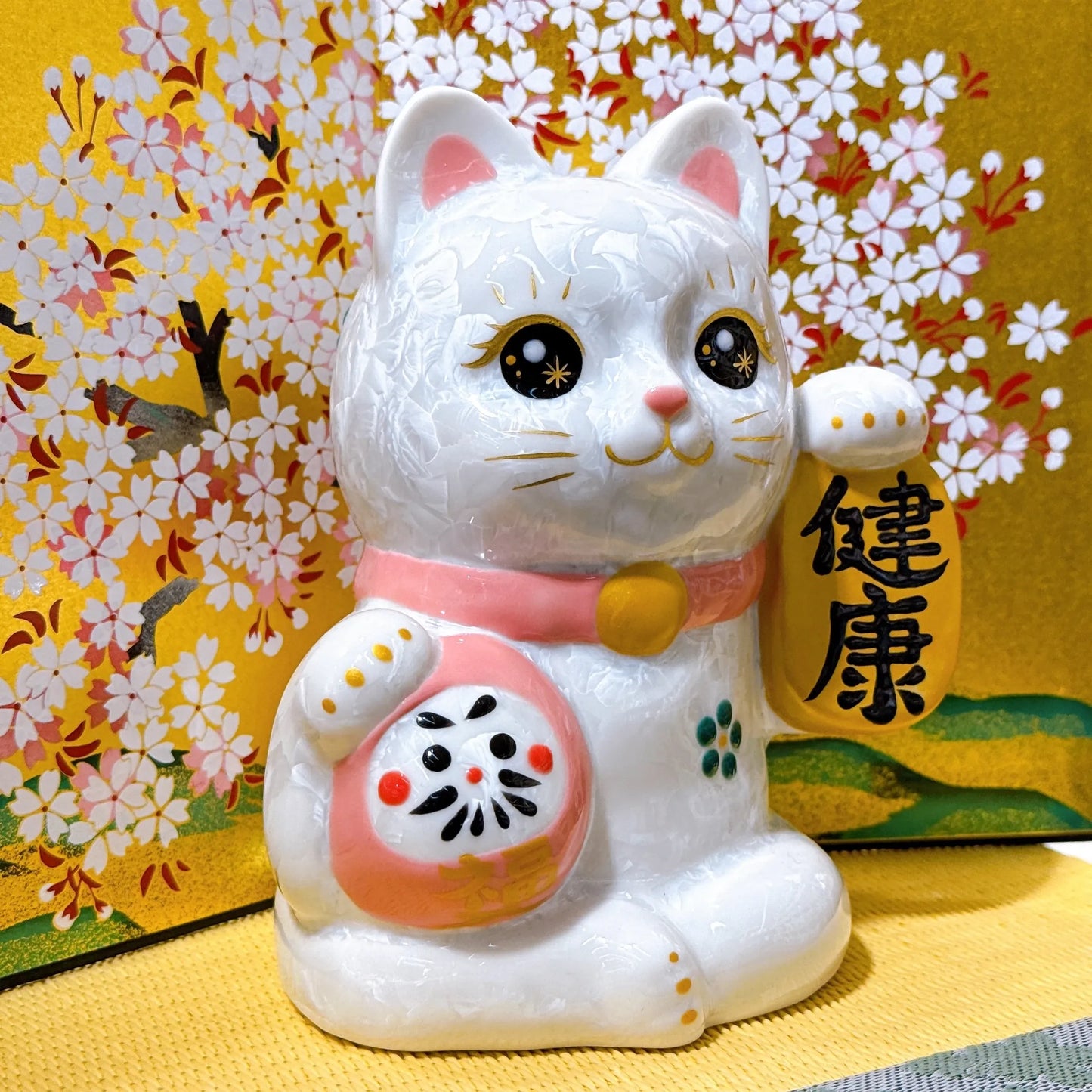 日本清水燒招財貓 達摩 花結晶 白 健康