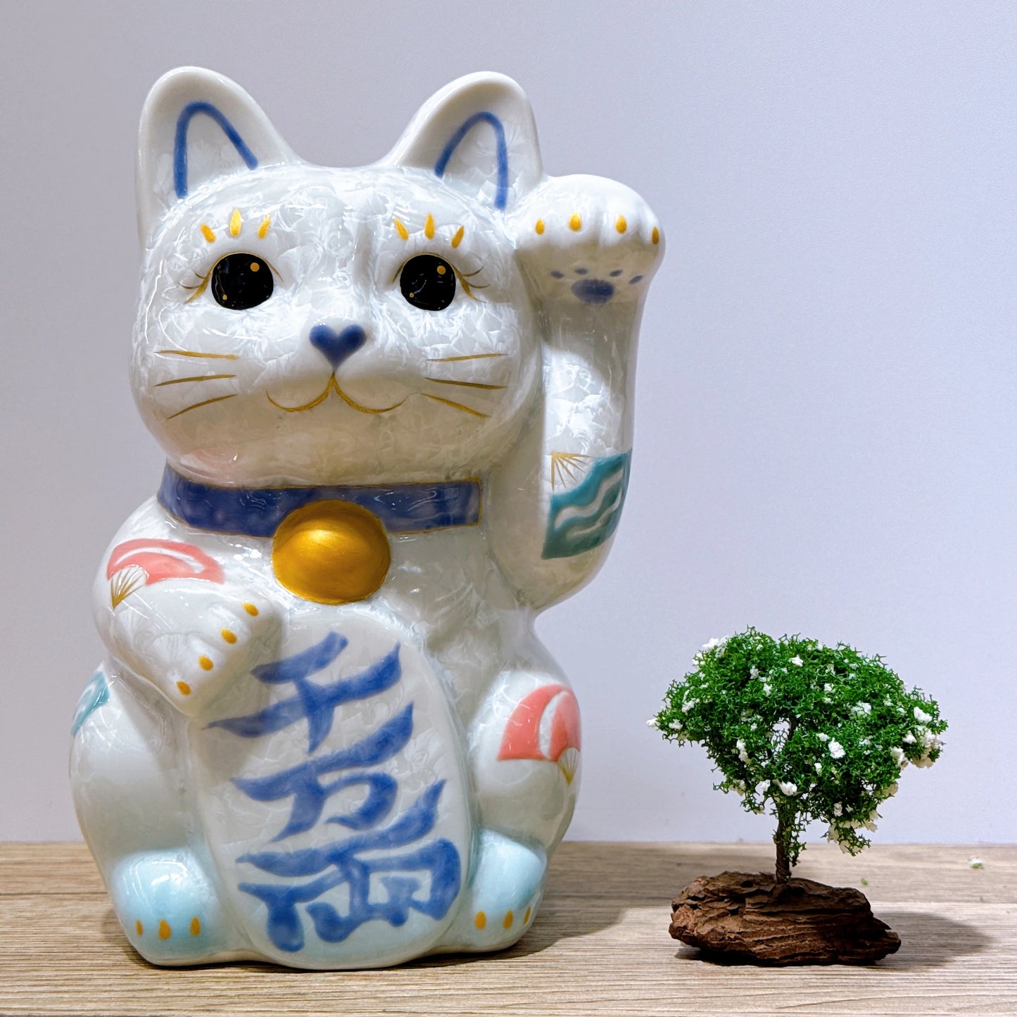 日本清水燒招財貓 花結晶 水白 千万両 特大 左