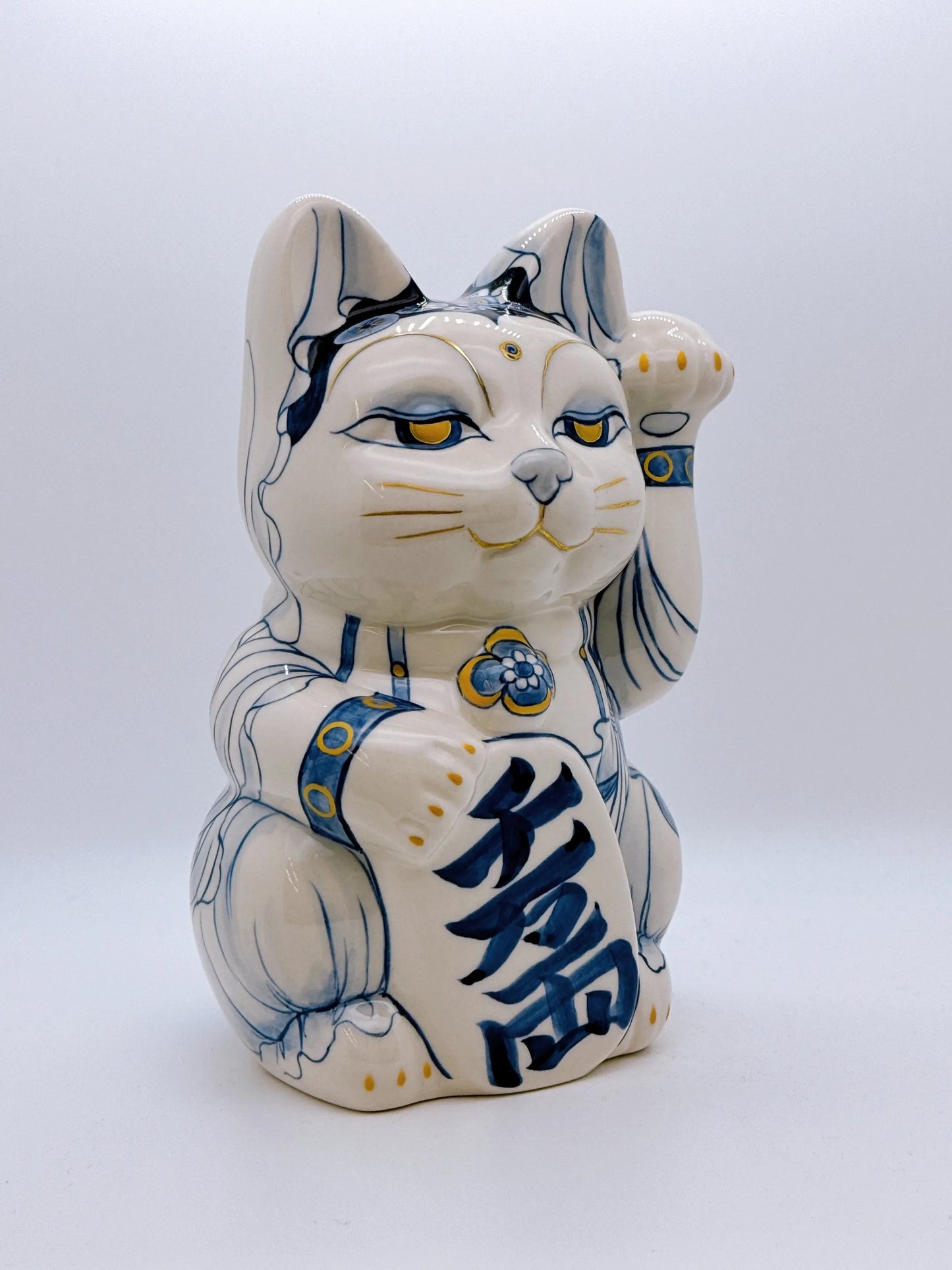 日本清水燒招財貓 染付 金彩 觀音菩薩 特大
