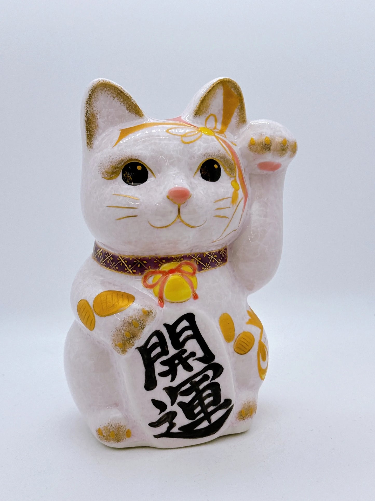 日本清水燒招財貓 花結晶 桃 小判 中號