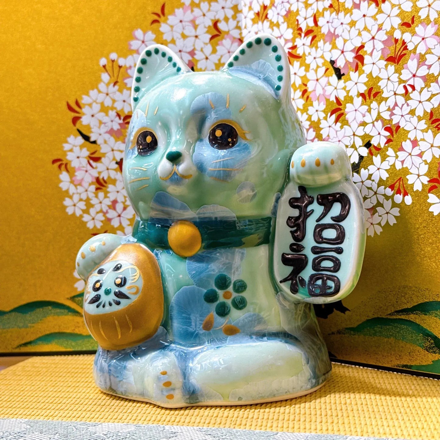 日本清水燒招財貓 達摩 花結晶 綠 招福