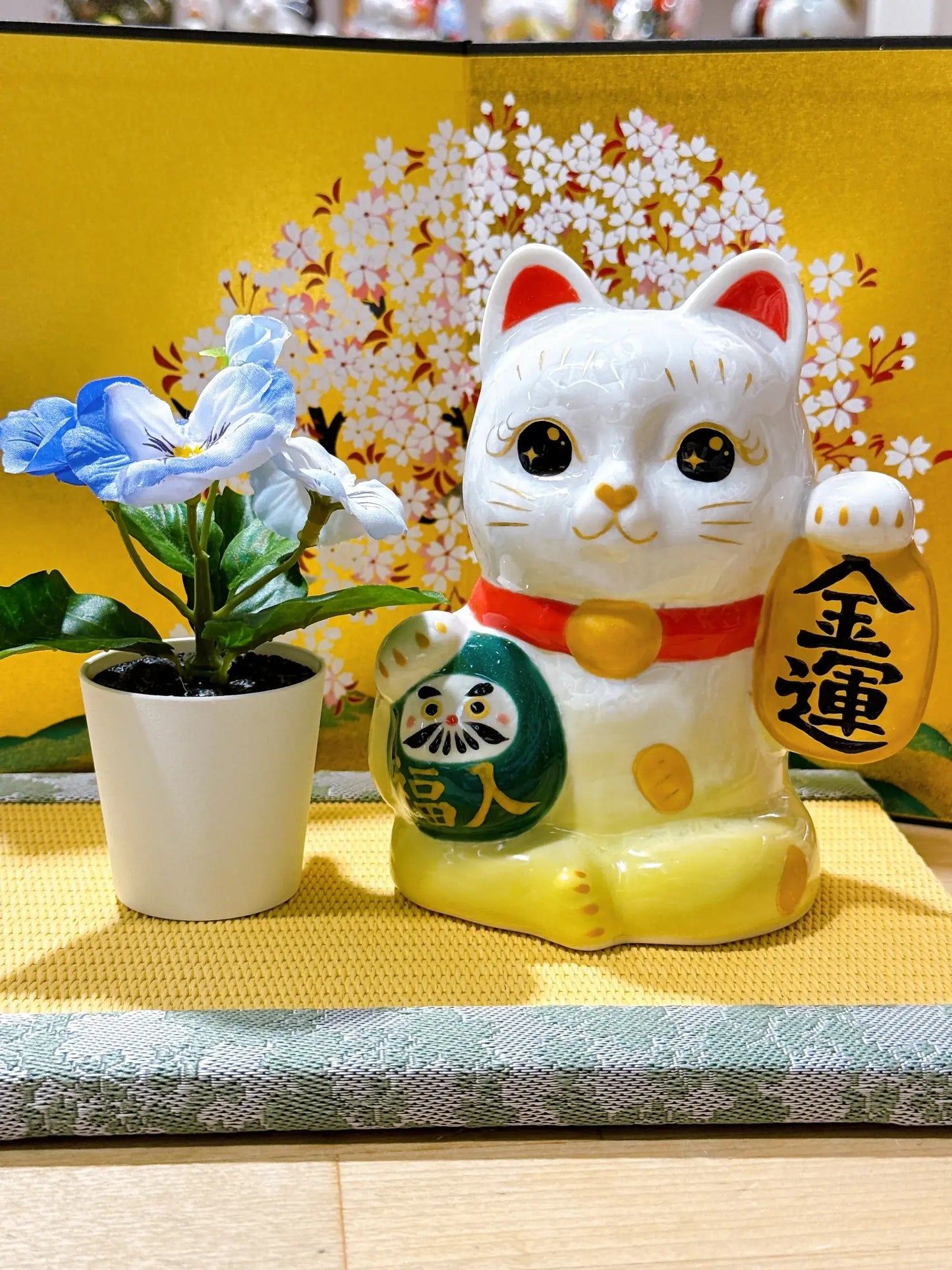 日本清水燒招財貓 達摩 花結晶 黃白 金運