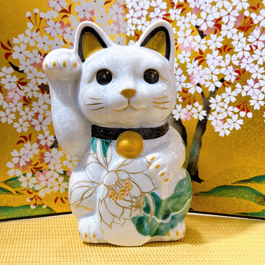 日本清水燒招財貓 花結晶 白 千万両 体花 右