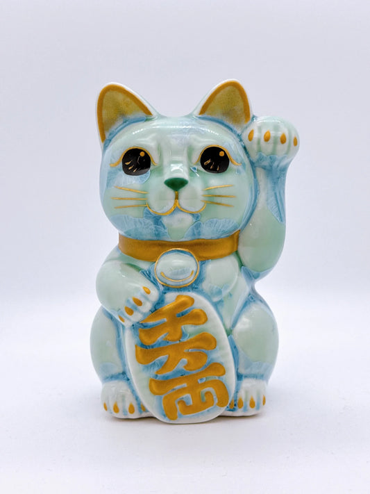 日本清水燒招財貓 花結晶 綠 千万両 左