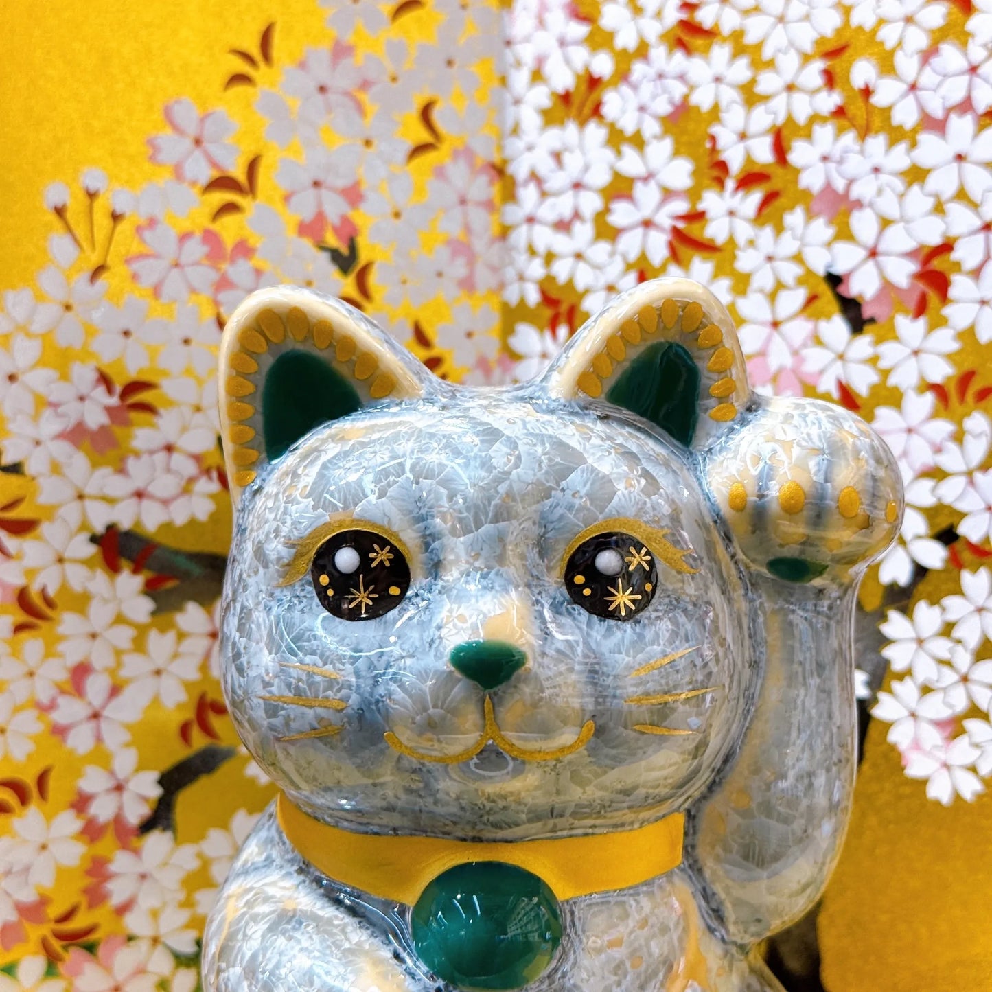 日本清水燒招財貓 花結晶 灰青 招福