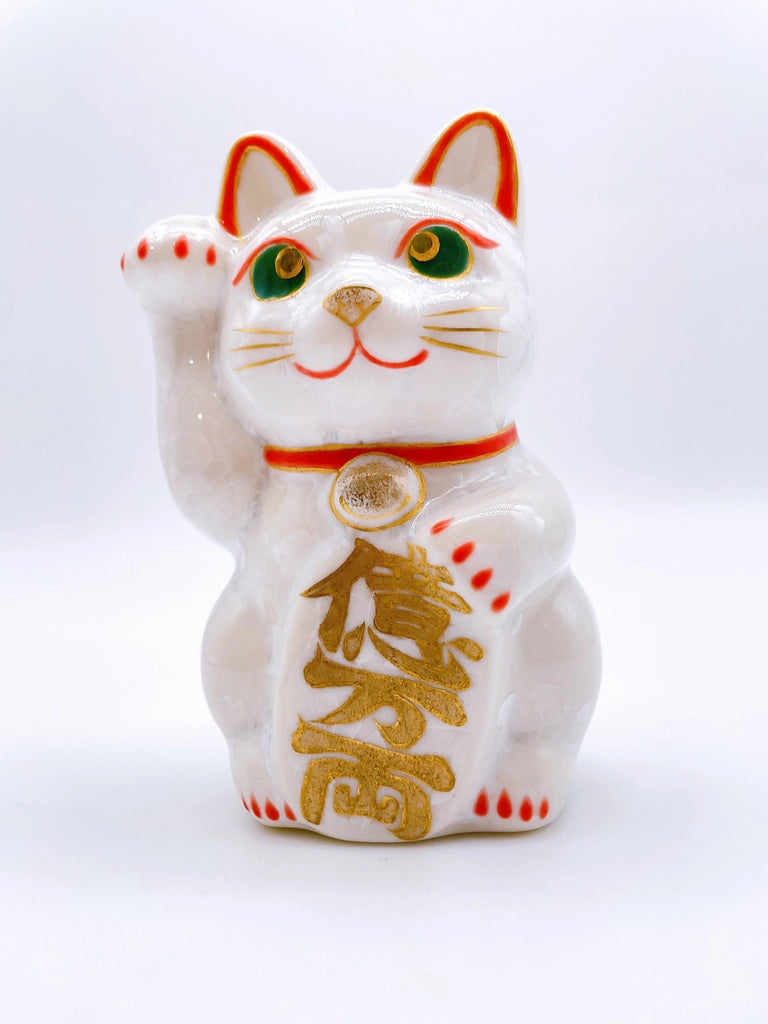 日本清水燒招財貓 花結晶 白 億万両 迷你