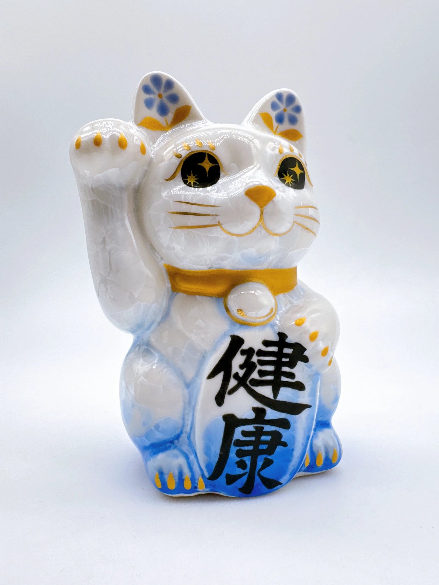 日本清水燒招財貓 花結晶 青白 健康 右