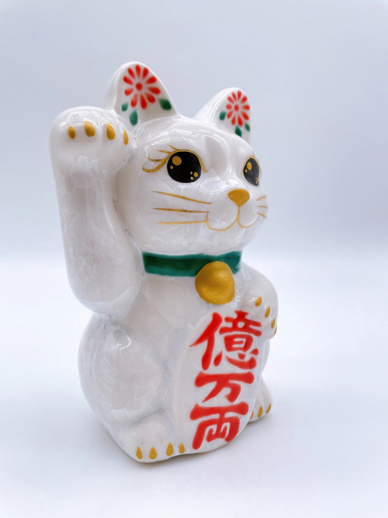 日本清水烧招财猫 花结晶 白 亿万两 右