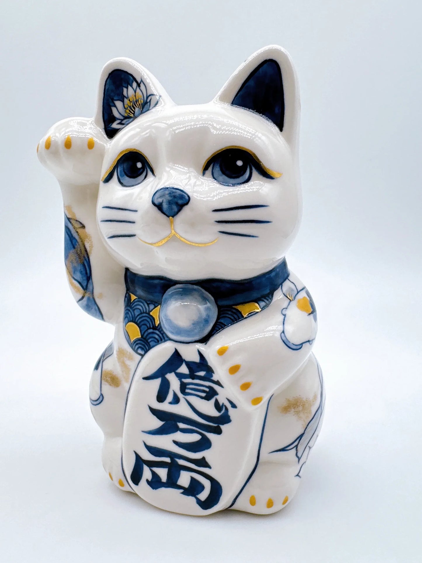 日本清水燒招財貓 染付 金彩鯉 中號