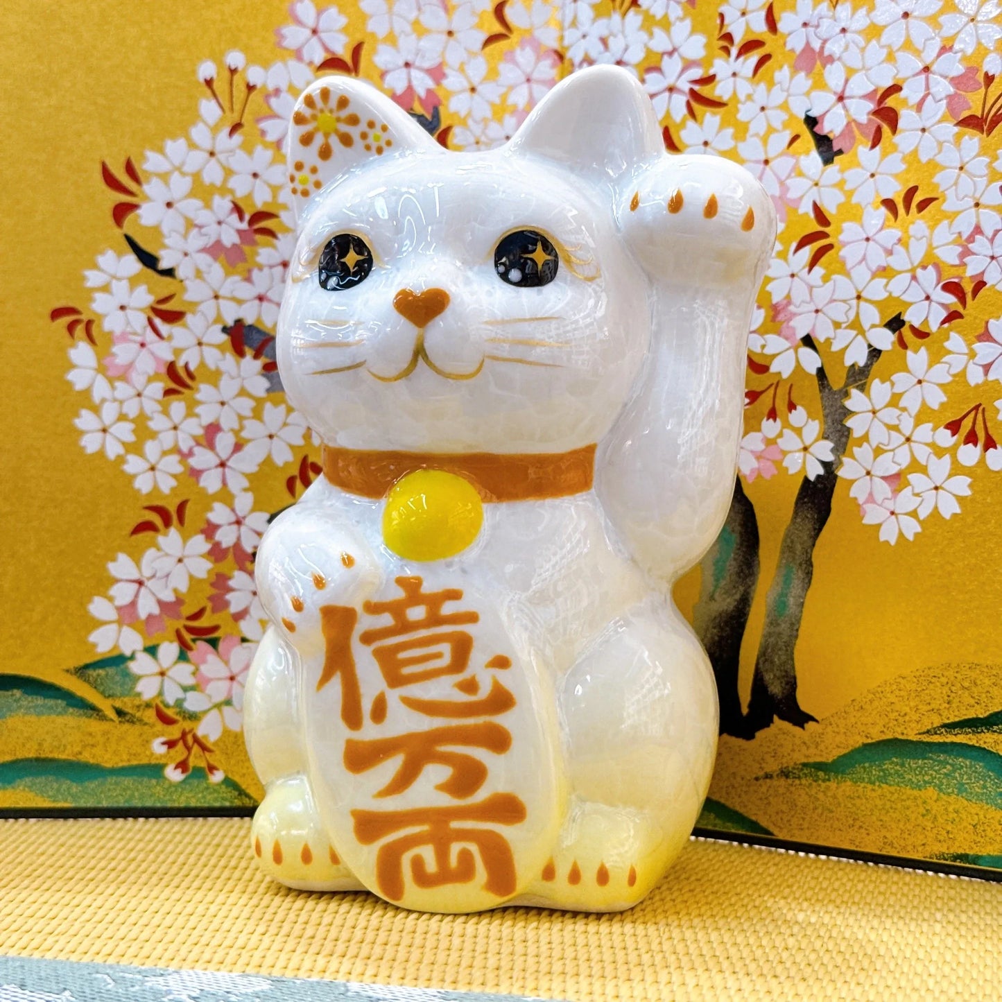 日本清水燒招財貓 花結晶 黃白 億万両 左