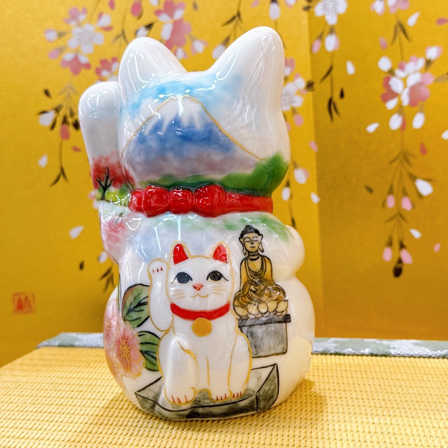 日本清水烧招财猫 仫绘 樱佛猫