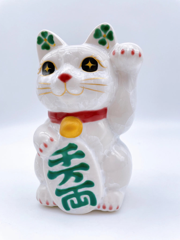 日本清水烧招财猫 花结晶 白 千万两 左