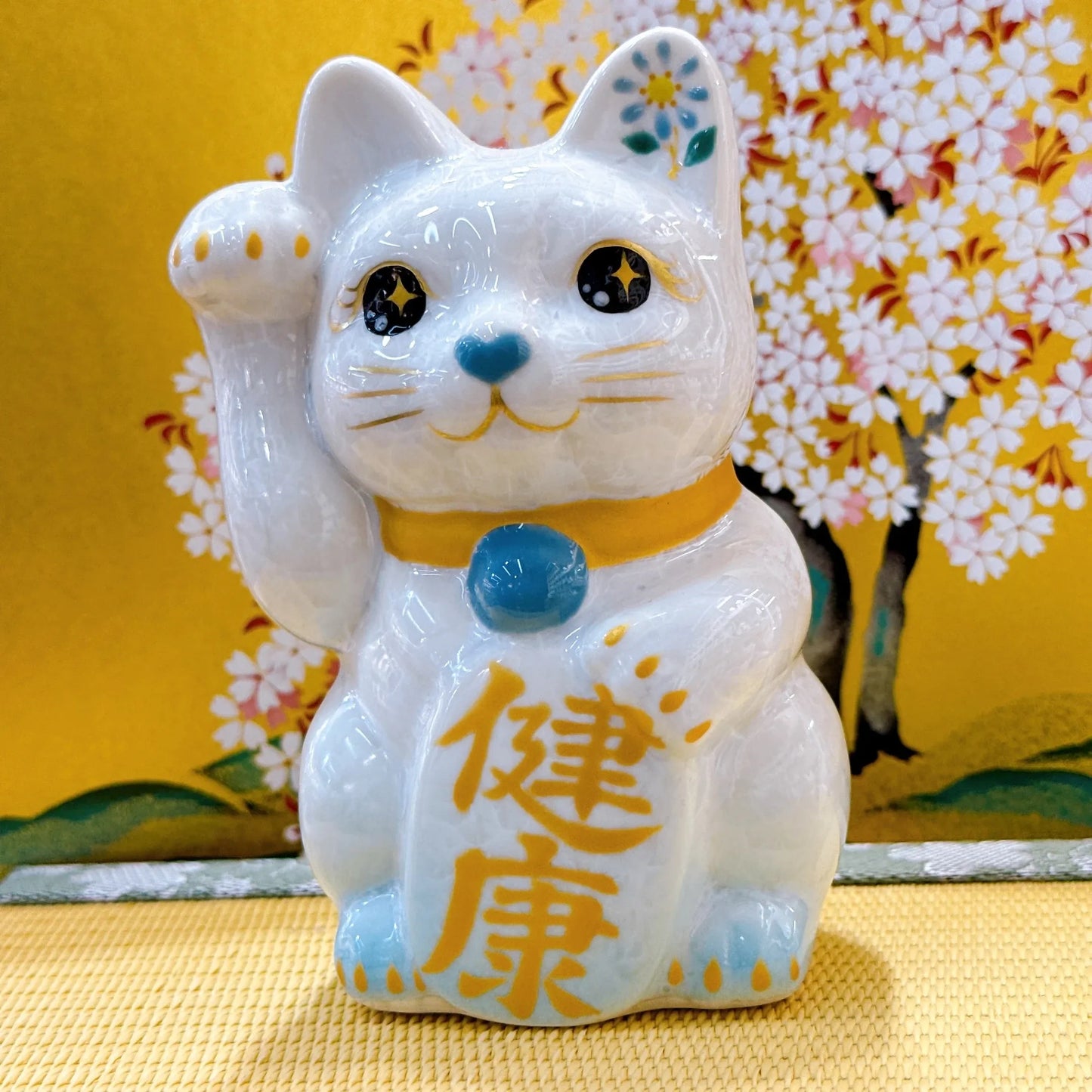 日本清水燒招財貓 花結晶 水白 健康 右