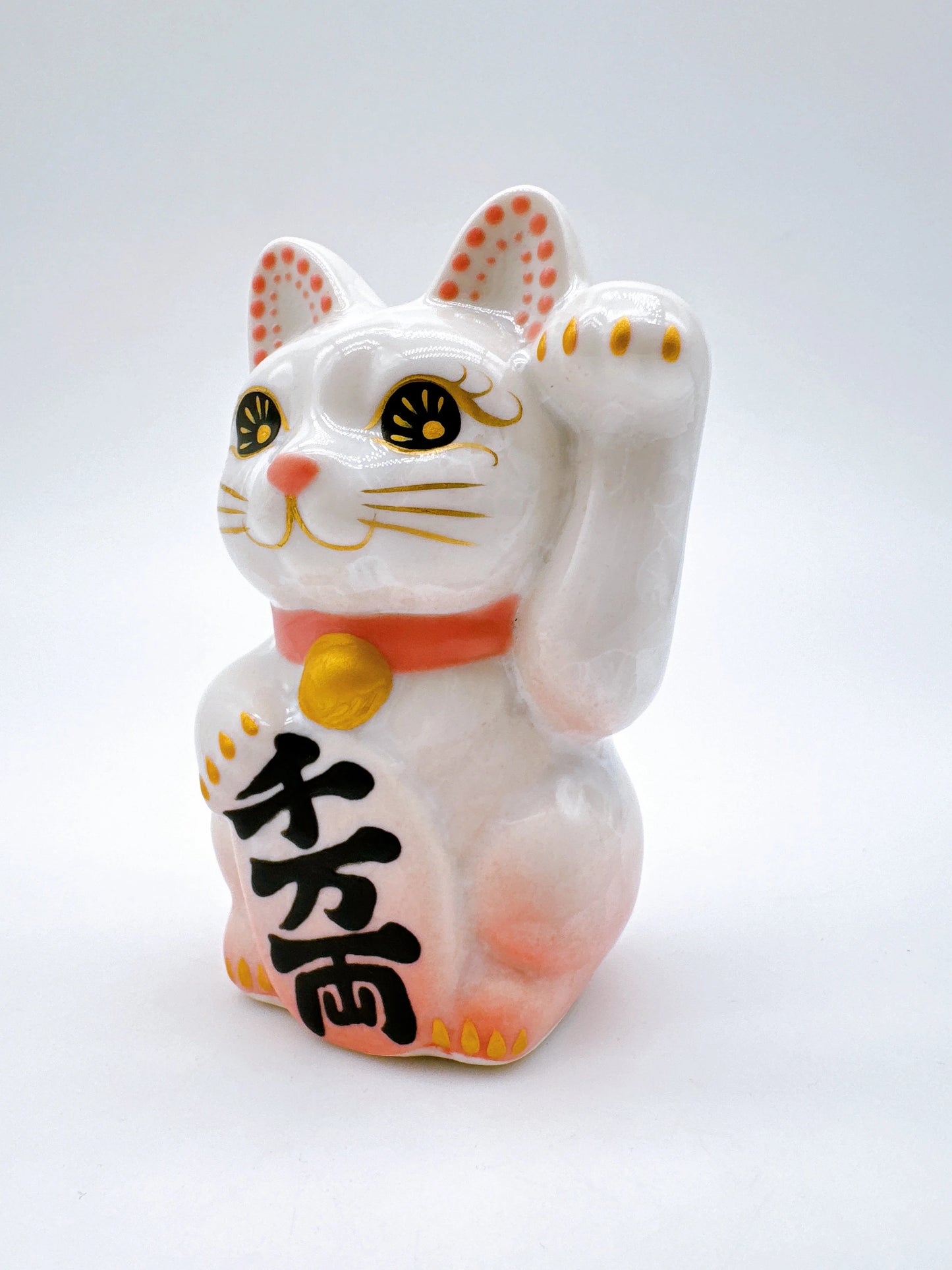 日本清水燒招財貓 花結晶 桃白 千万両 左 迷你