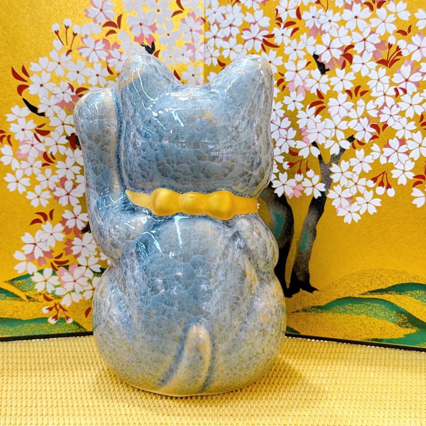 日本清水燒招財貓 花結晶 灰青 招福