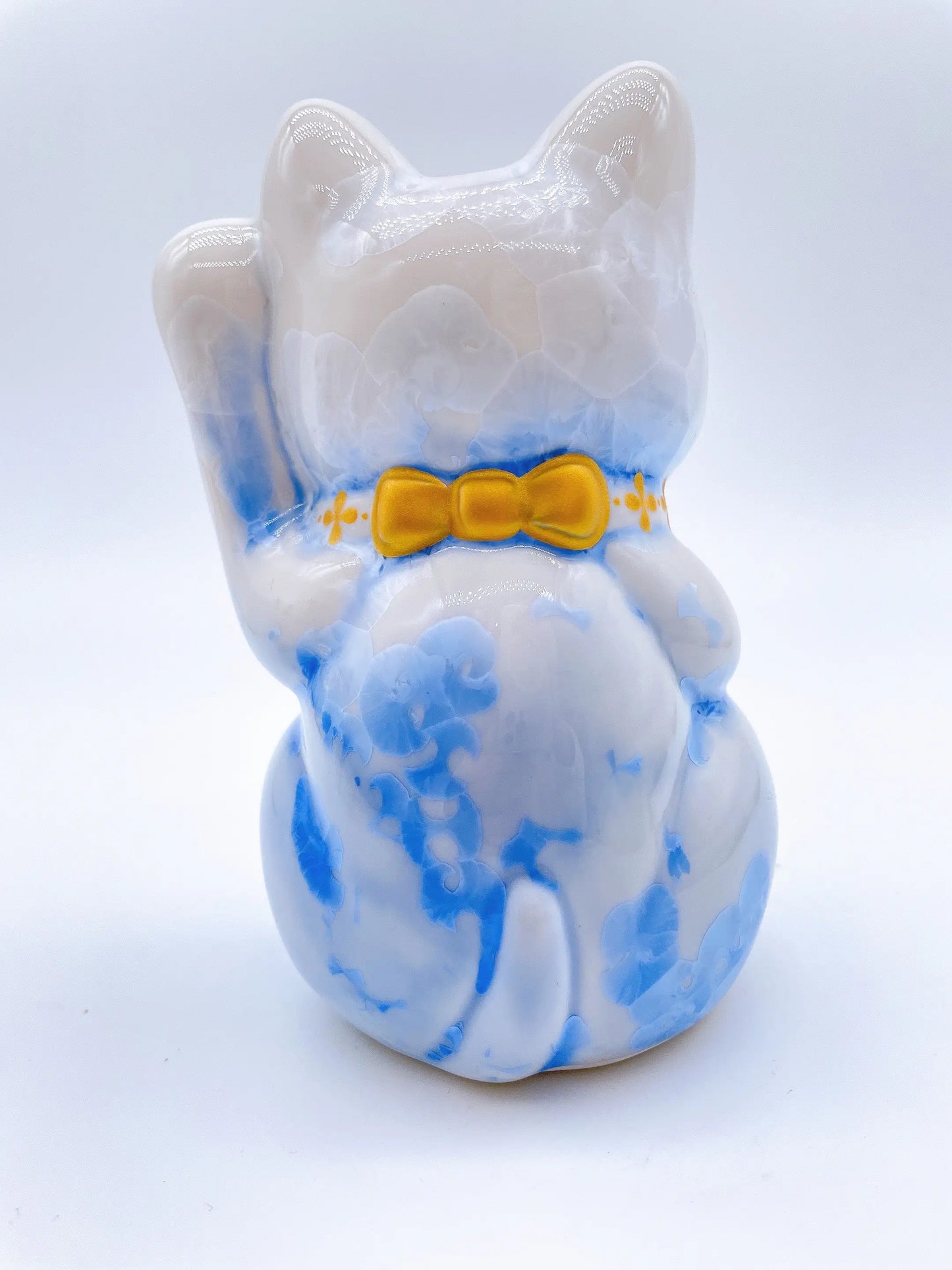 日本清水烧招财猫 花结晶 青白 金运上升