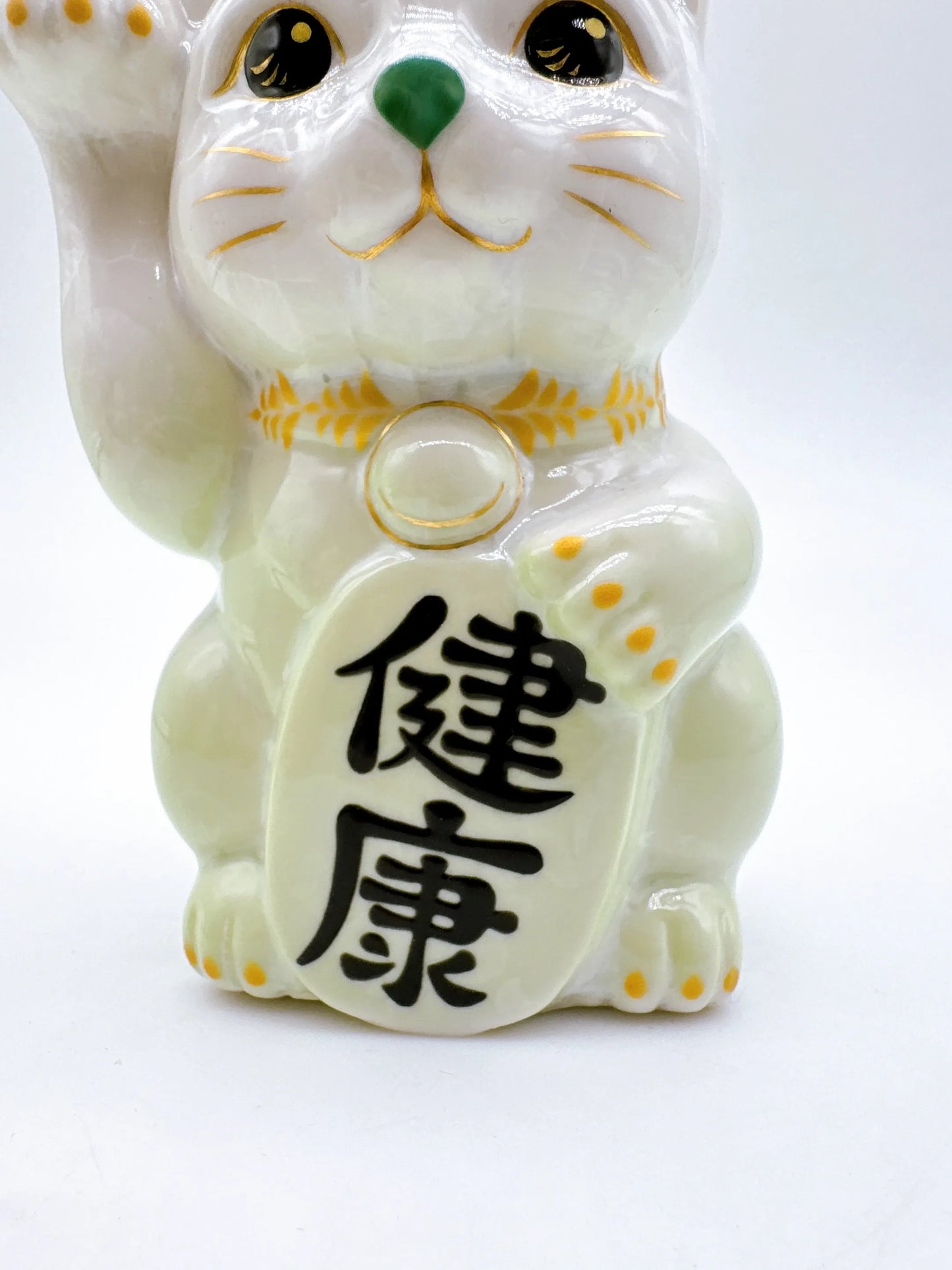 日本清水烧招财猫 花结晶 白绿 健康