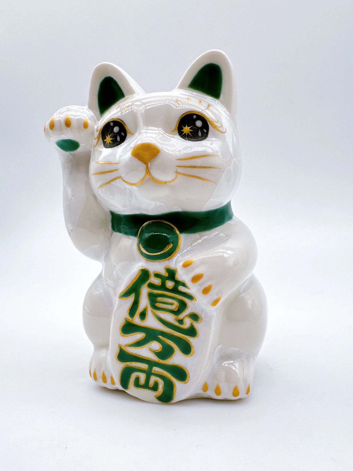 日本清水燒招財貓 花結晶 白色 億万両 右
